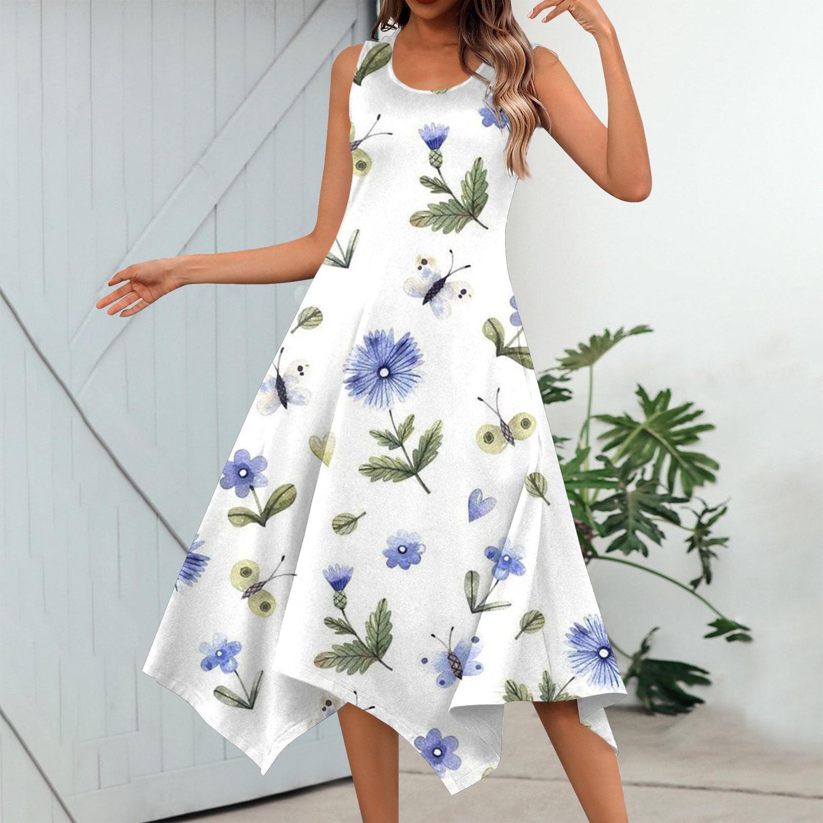 

Женское повседневное модное платье миди без рукавов с круглым вырезом и цветочным принтом, нерегулярный подол XL белый