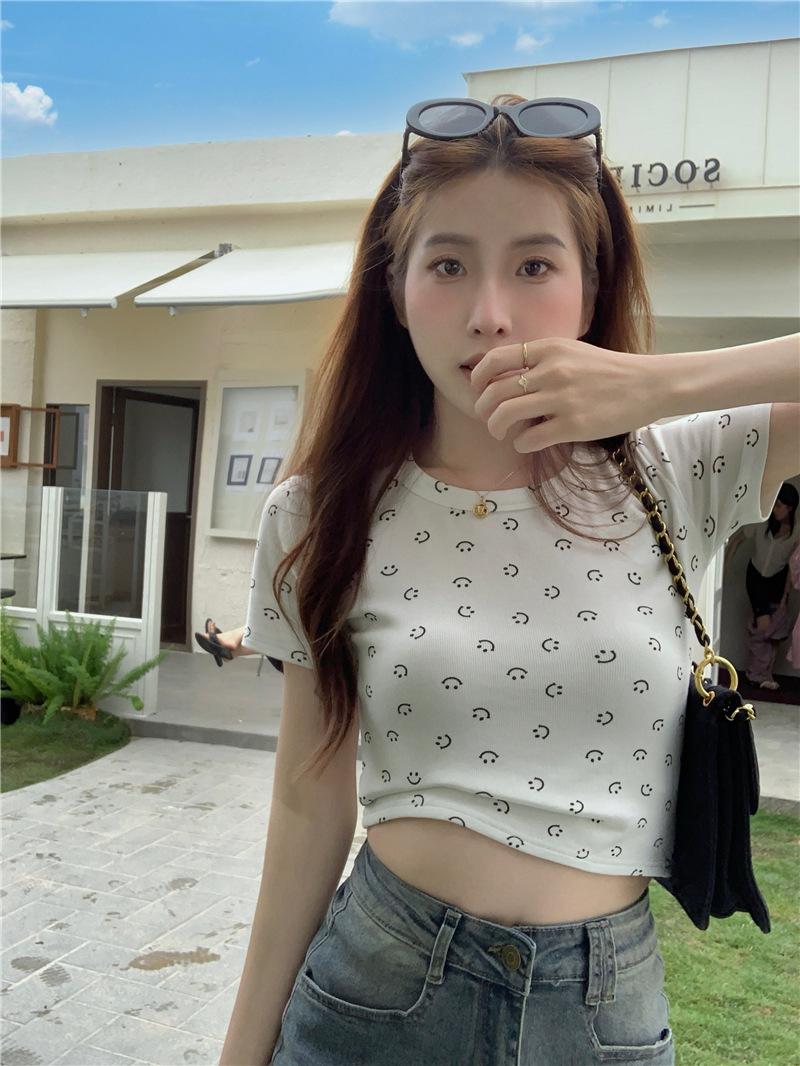 

Pink smiley face printed short-sleeved t-shirt women s summer new design sense slim short student clothes S