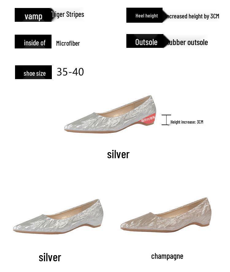 Fairy Style Pointed Toe Flat Shoes - Champagne Gold & Silver, Perfect for Weddings, Plus Size, Bridesmaids, and Pregnant Women. Hidden Heel.