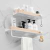 White Bathroom Shelf with Towel Bar Wood Aluminum Wall Mounted Lavatory Bath Shower Shampoo Soap Storage Holder Organizer Rack