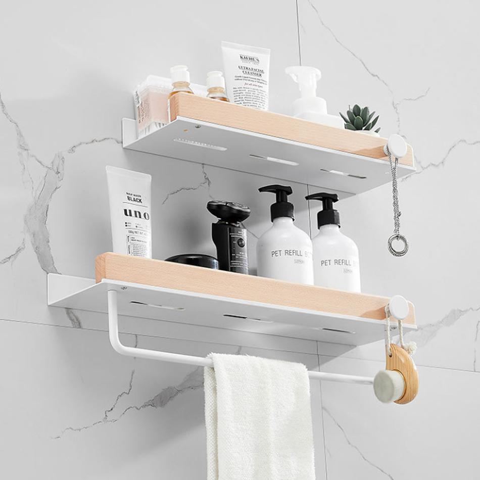 White Bathroom Shelf with Towel Bar Wood Aluminum Wall Mounted Lavatory Bath Shower Shampoo Soap Storage Holder Organizer Rack
