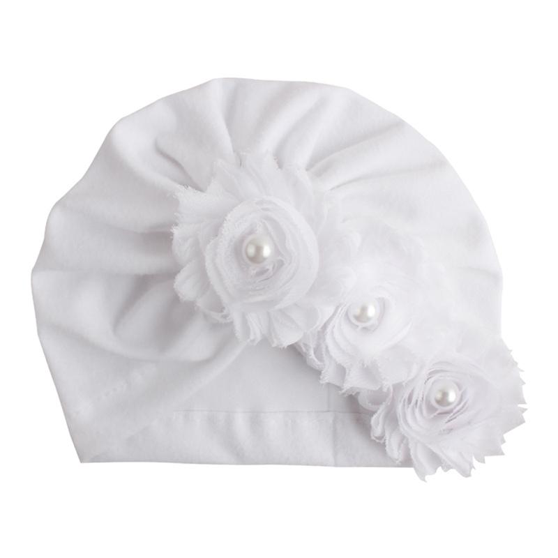 Summer Cute Baby Girl Hat Comfortable Breathable Solid Color With Flower Pearl Candy Color Turban Elastic Cap