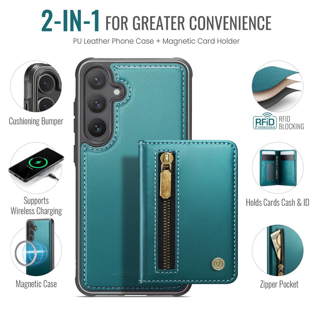 For Samsung Galaxy S24 Case JEEHOOD J12 Magnetic Detachable Zipper Wallet Kickstand Leather Back Cover Magnetic Case