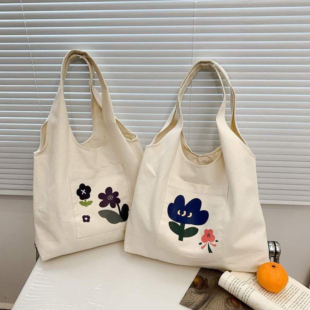 Korean Style Canvas Shoulder Bag Large Capacity Women's Armpit Bag Cute Flower Tote Bag Girls