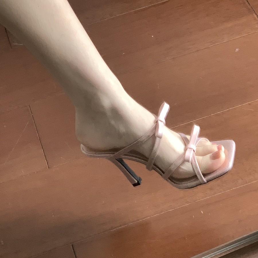 French stiletto sandals women's summer sexy open-toed high heels bow square strap sandals women's new models