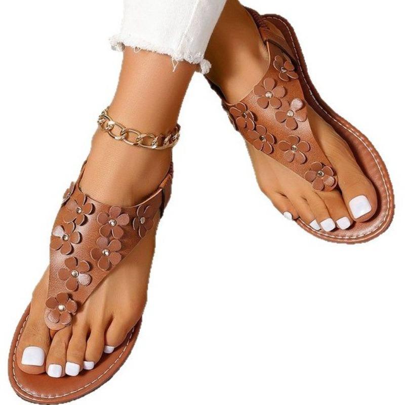 Women's Bohemian Toe Post Flat Sandals, Floral Summer Slip-On Shoes