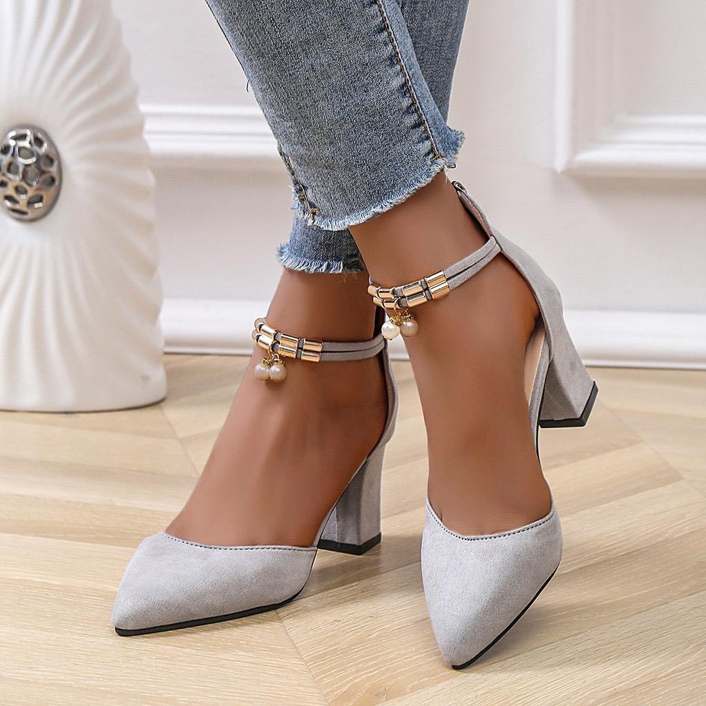 Fashion 2025 Summer Women's Ankle Strap High Heels Pointed Toe Pearl Metal Decoration Back Zipper Chunky Heel Dress Party Modern Sandals