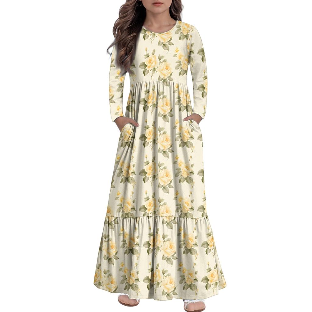 Girls' Maxi Dress Casual Holiday Dresses - Long Sleeve Dress With Pockets For 4-14Y
