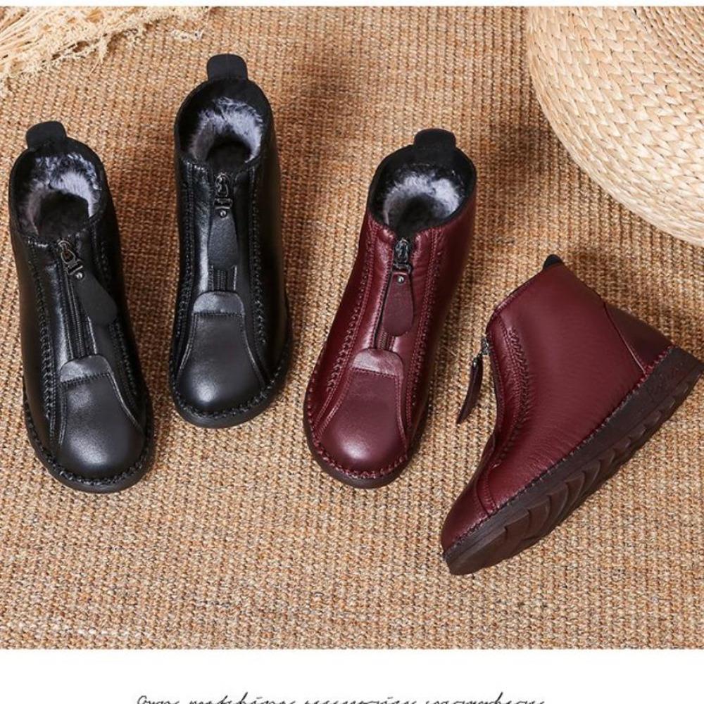 Winter Women Ankle Boots Fashion Warm Mother's Boots Flat-Bottom Comfortable Non Slip Front Zipper Closure Female Footwear