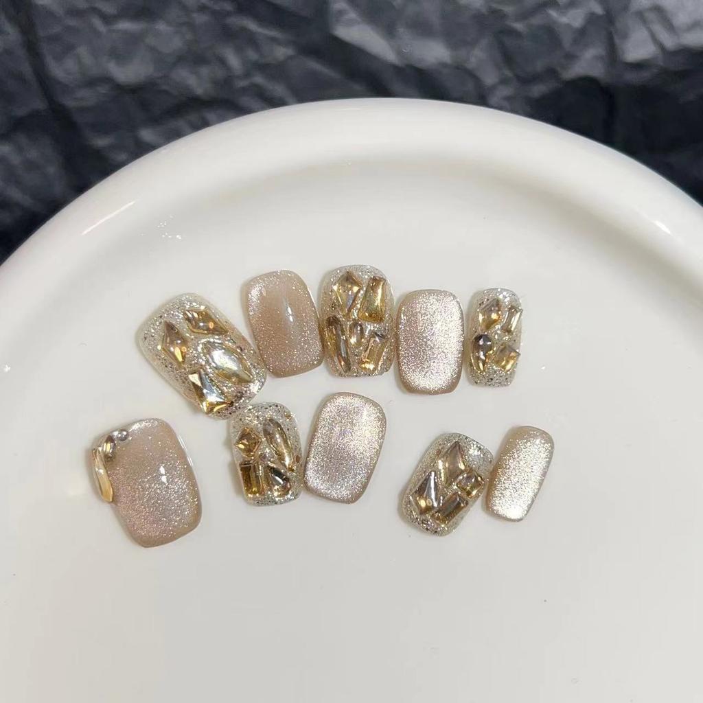 Wearing Armor Pure Handmade Manicure Finished Product Fake Nail Patch Highlight Light Bulb Cat Eye Flash Champagne Diamond Short Nail