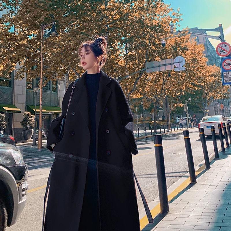 

Новое осенне-зимнее женское шерстяное пальто большого размера средней длины, тонкое и до колен, свободного кроя. M recommends 90-55kg чёрный