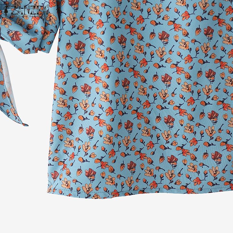 ZANZEA Bluză de damă casual cu gât rotund, cu șireturi, mânecă scurtă, largă, cu imprimeu