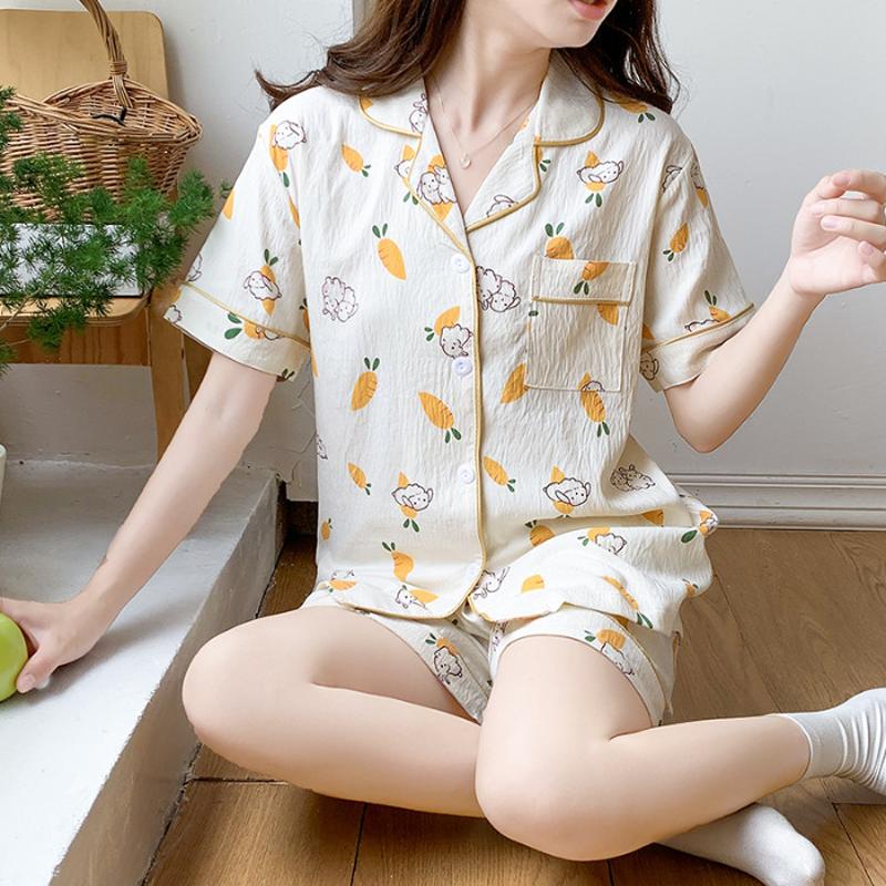 Pijamale de vară pentru damă, cu mânecă scurtă, din bumbac Tencel, cu desene animate drăguțe, pentru fete, studenți, secțiune subțire, costum de casă