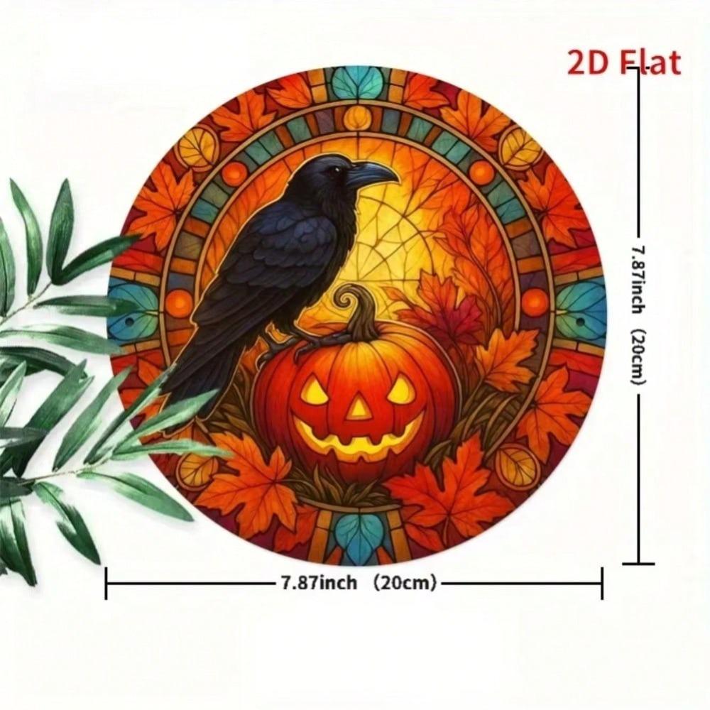 Vintage Iron Wall Art Round Sign Black Bird Pumpkin Autumn Leaves Halloween Home Decor