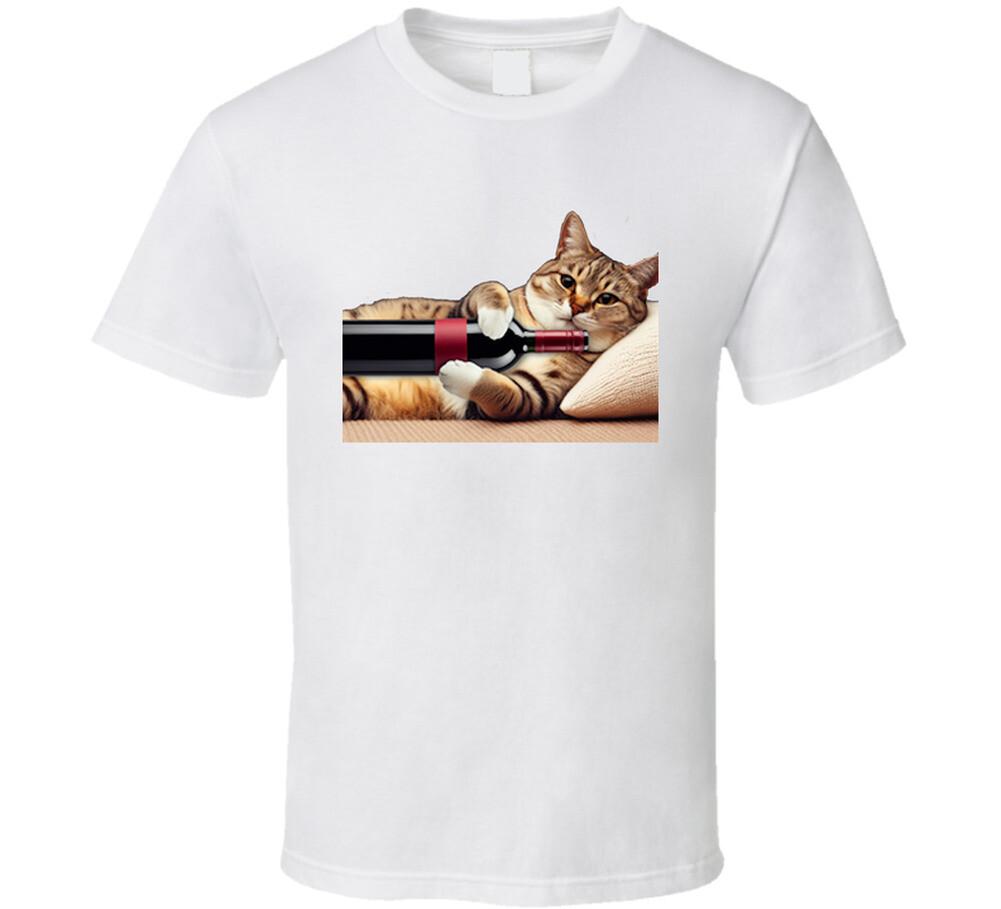 Feline Fine Wine: Whimsical Cat Drinking Wine T-Shirt Funny New Novelty T Shirt L