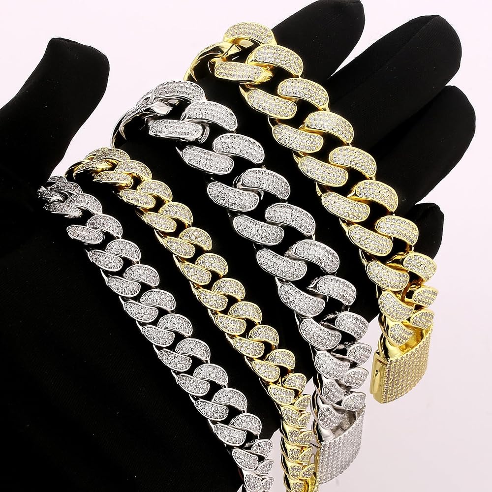 KRKC&CO Miami Cuban Chain Necklace 18mm White Gold Plated with Zirconia Men's Choker Hip Hop Accessory 46cm
