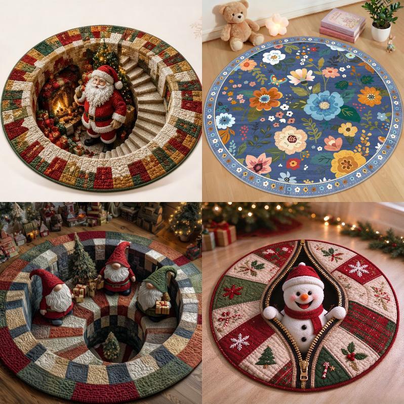 Christmas Cartoon Round Rug Waterresistant Carpet For Living Room Decor