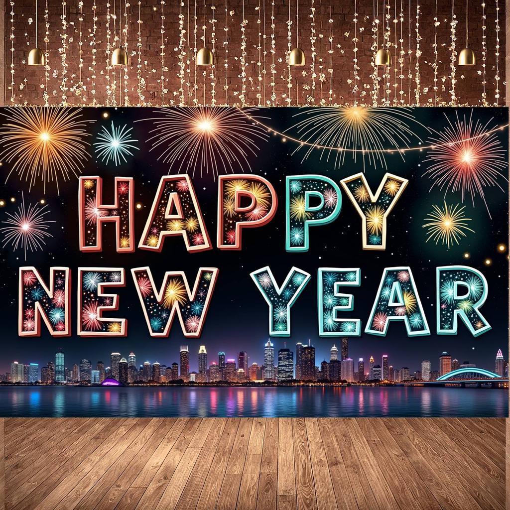 Eve Banner Polyester Material Happy New Year Banner Event Banner City Night Theme For Indoor Decoration Holiday Use Office Party
