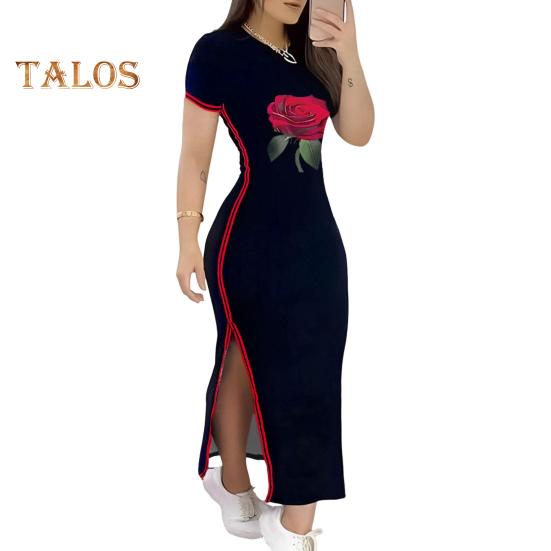 Damenkleid mit Seitenschlitz, Rosendruck, farblich abgestimmt, gestreift, schmale Passform, Rundhalsausschnitt, kurze Ärmel, Knöchellänge, Maxikleid für den Alltag