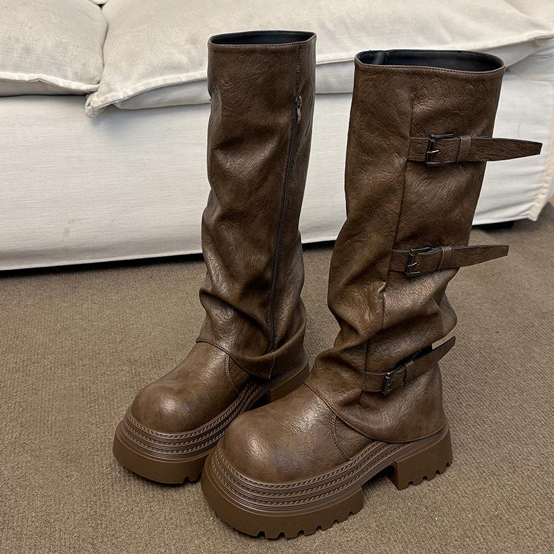 

Pants boots women s boots 2025 new autumn British style belt buckle thick sole height increase thin boots children 40