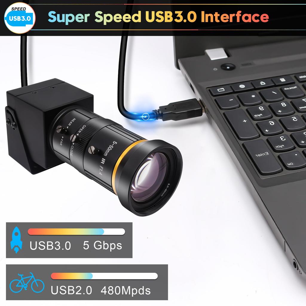 SVPRO 4K USB Camera with 10x Optical Microscope 60fps Dual Output Video Streaming Webcam for Raspberry and Monitors Zoom, 5-50mm Lens, HDMI/USB3.0
