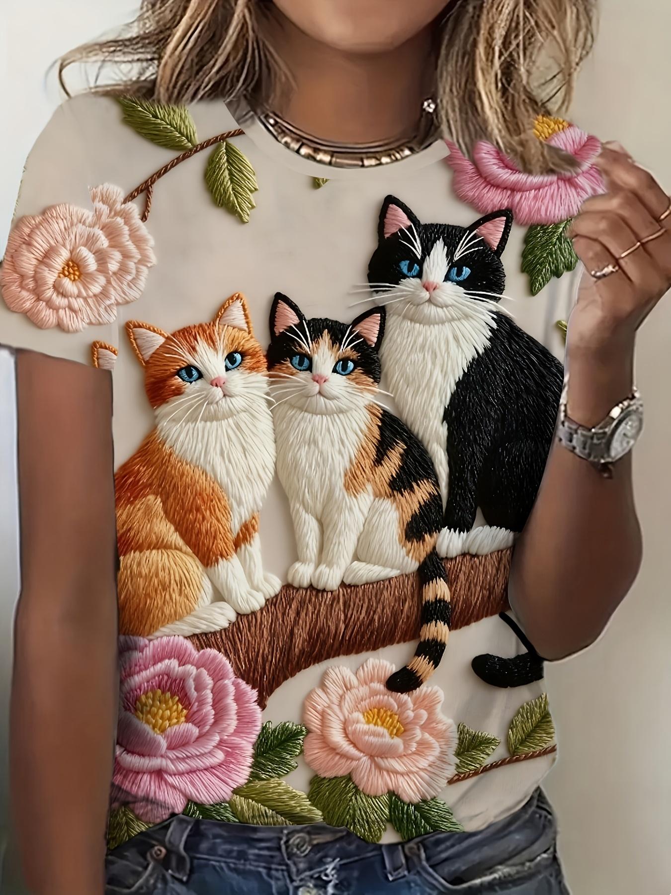 

Embroidered Style (The Print Is Not Real. No Texture)! Cat And Peony T-Shirt - a Realistic Textured Cat Design Women S Artistic Casual Top. Richly Flo L дубильная кора