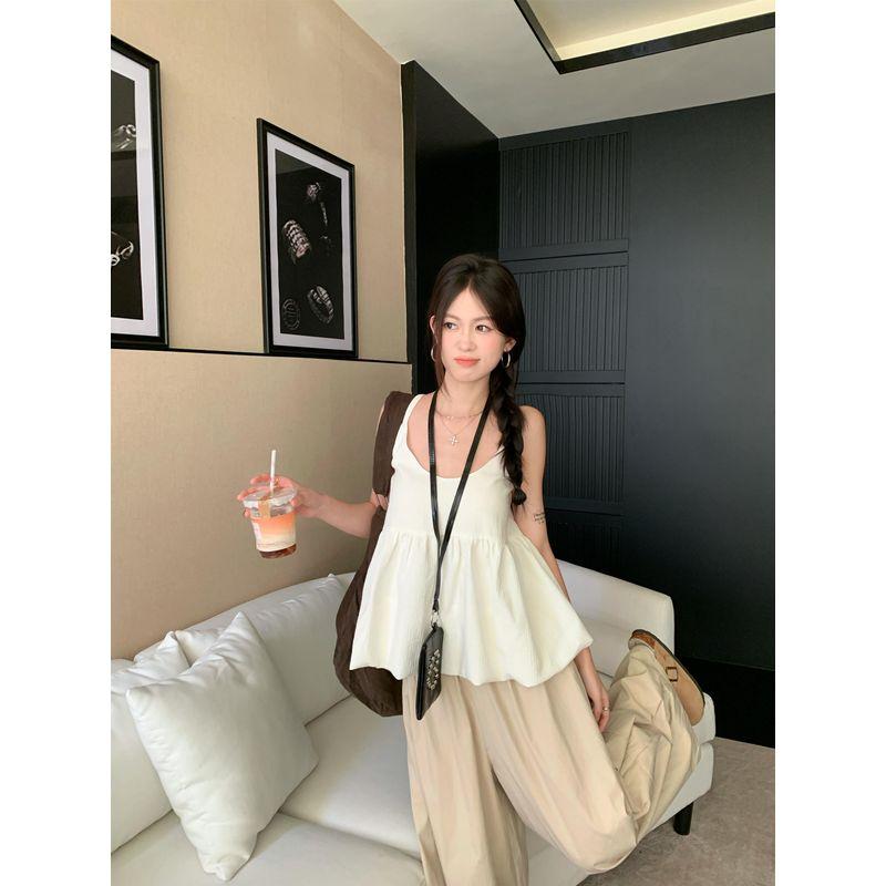 Kumikumi Gray Long Sleeve Knit Stacked White Cami Women Autumn Loose Casual Pants Three-Piece Set