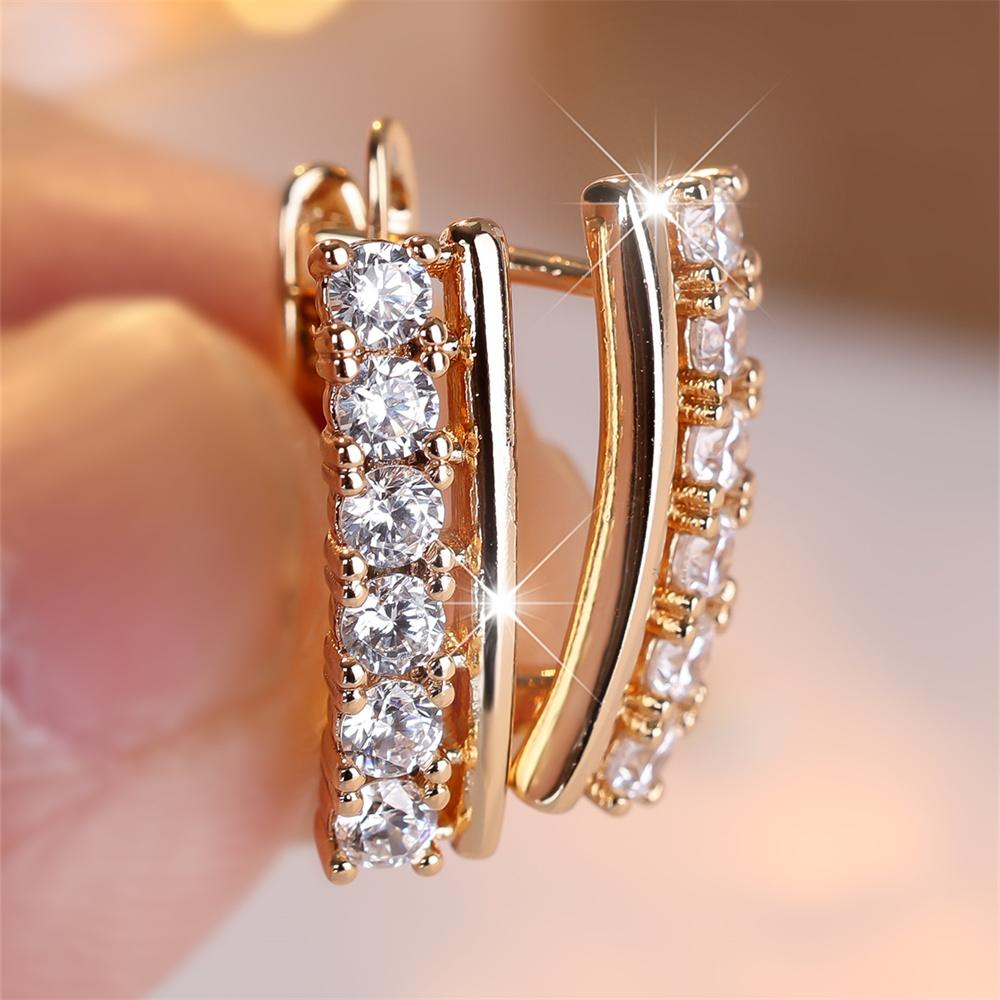 Single Row Round Stone White Zircon Hoop Earrings For Women Vintage Gold Color Wedding Party Jewelry