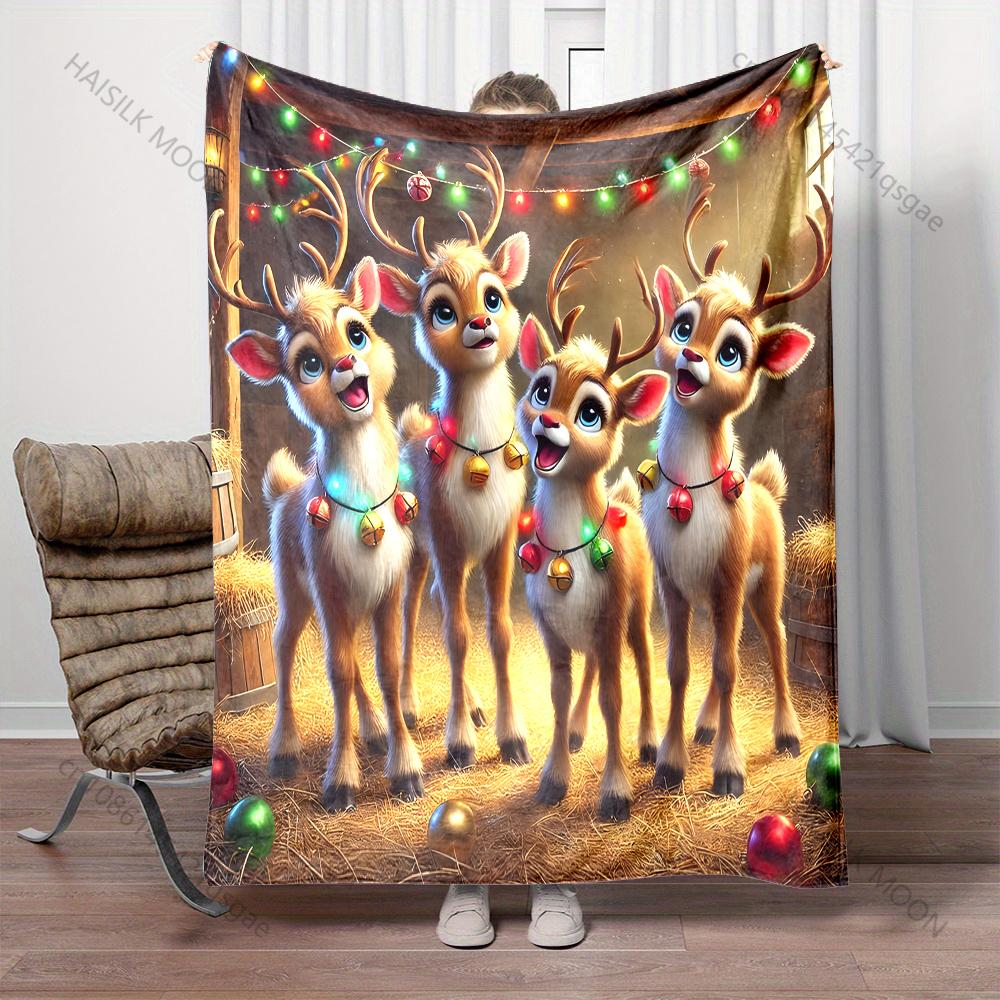 Festive Reindeer and Colorful Lights Pattern Blanket Flannel Material Soft Warm for All Seasons, Home Outdoor Camping Picnics RV
