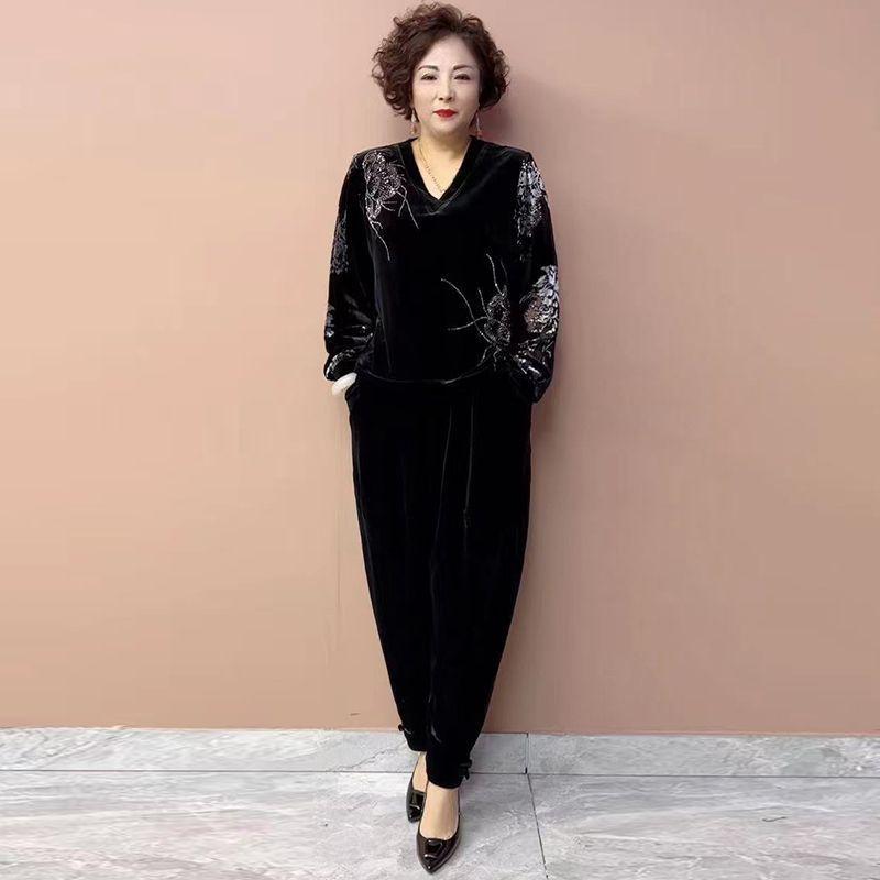 Ensemble Pantalon Automne Femme Broderie Grande Taille Chemisier Velours Taille Haute Pantalon Harem Velours Ensemble Deux Pièces