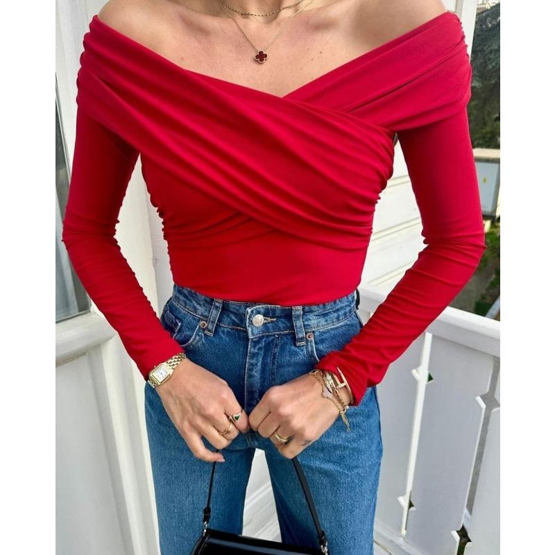 Women's Clothing Sexy Hot Girl Slim Bodysuit Solid Color Fashionable V-neck Off-shoulder Long-sleeved Jumpsuit
