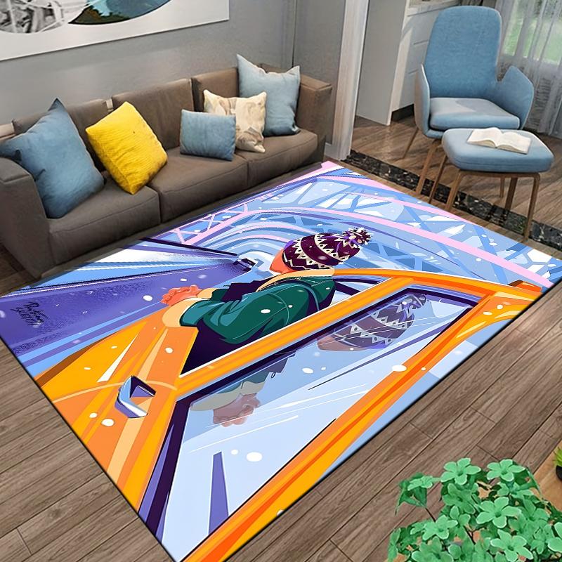 Flannel Rug Person Leaning Out Taxi Window Bridge Snow Pastel Travel Art Area Rug Living Room Bedroom Office Decor