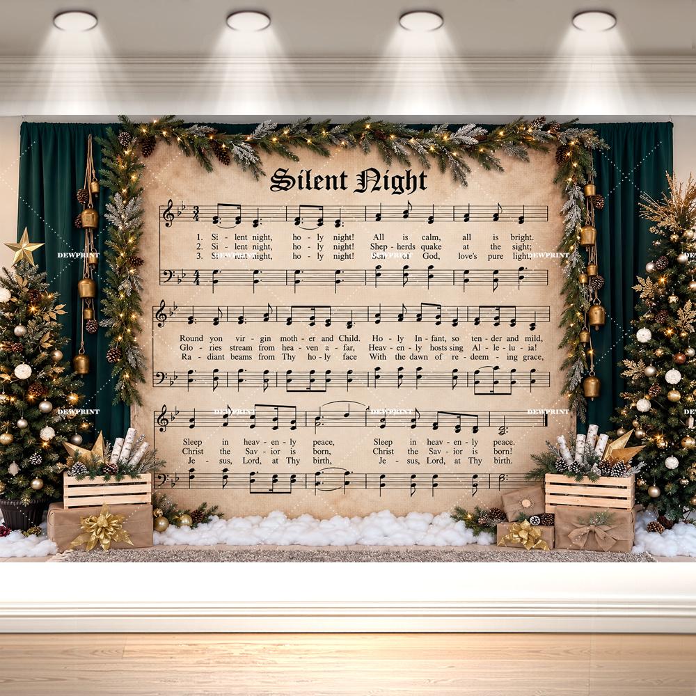 Silent Night Christmas Backdrop Vintage Sheet Music Christmas Trees Pine Garland Bells Religious Holiday Photography Background