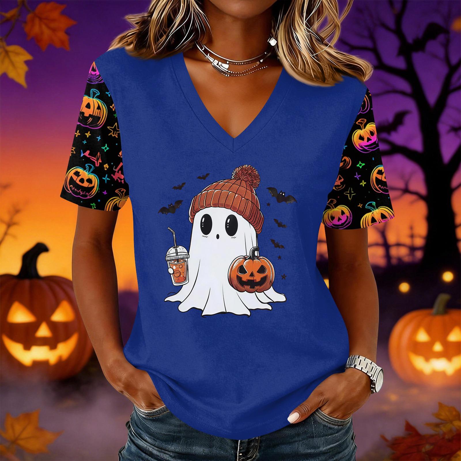 Women s Halloween Print V-Neck Short Sleeve Pullover Top for Casual Wear M
