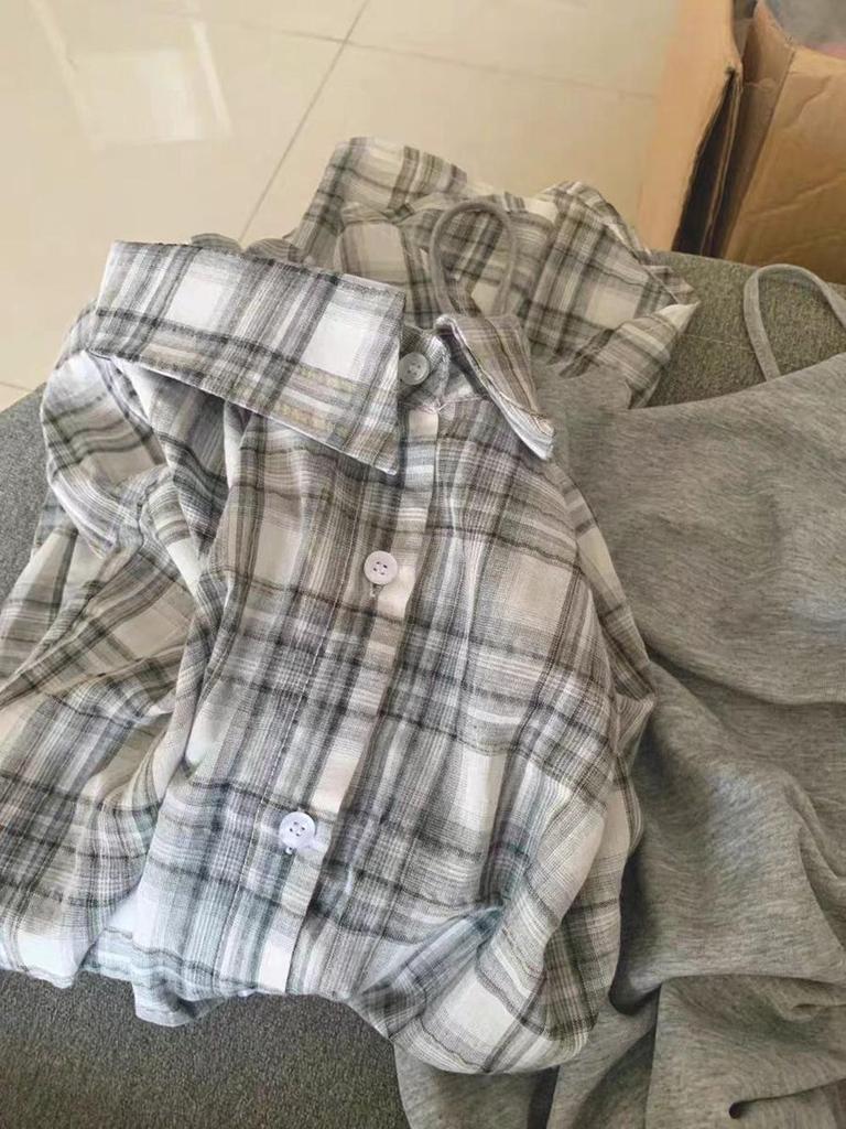 Women's Gray Plaid Summer Sun Protection Cardigan - Korean Style Loose Fit Shirt Jacket