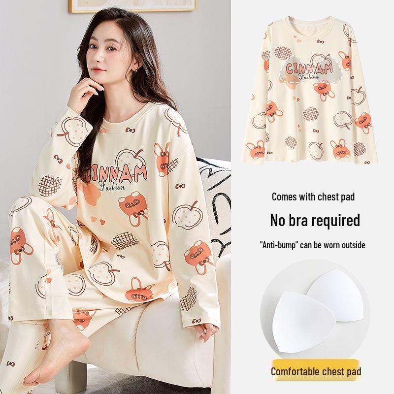 Women's 2025 Long-Sleeve Cartoon Pullover Pajamas with Chest Pad - Versatile Cotton Set for Indoor/Outdoor Wear (Autumn/Winter).