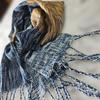 Used New, hand-woven stole, navy (indigo dye) and dark gold
