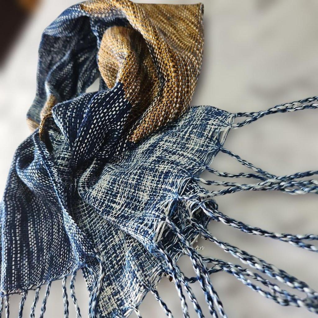 Used New, hand-woven stole, navy (indigo dye) and dark gold