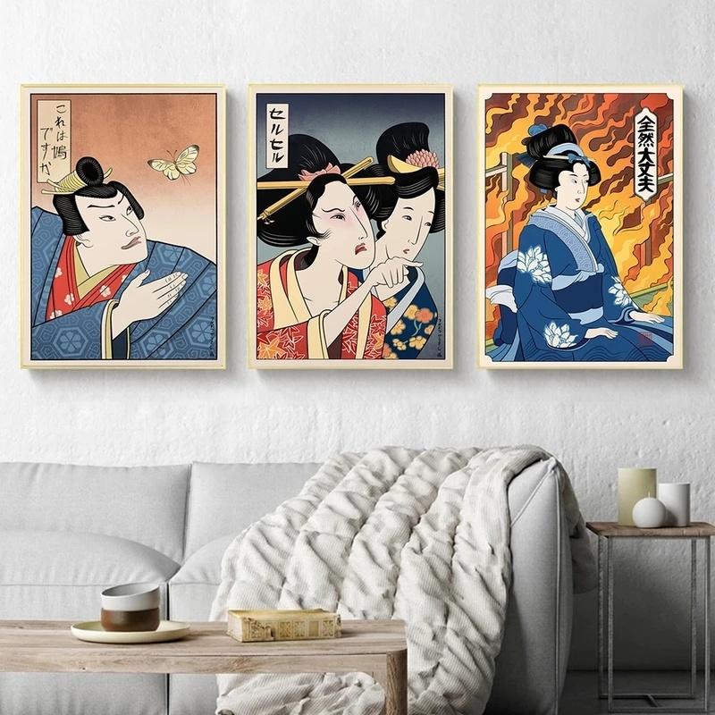 Samurai japonez, gheișă și pisică, imprimeuri picturi, artă de perete, poster modular din pânză nordică, noptiera modernă, decor de perete pentru casă