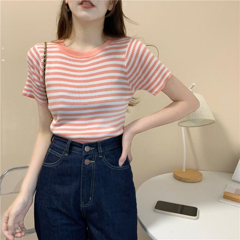 Rundhals Kurzarm T-Shirt Damen Sommer Hohe Taille Dünn Dünne Partie Gestreift Slim Kurz Stricktops Lässig Essentiell Slim Fit Pullover Tees