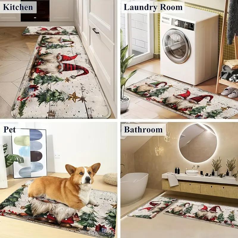 2-Piece Christmas Rug Set White-Bearded Father Christmas Design Kitchen Mat Entrance Doormat Non-Slip Festive Home Decor