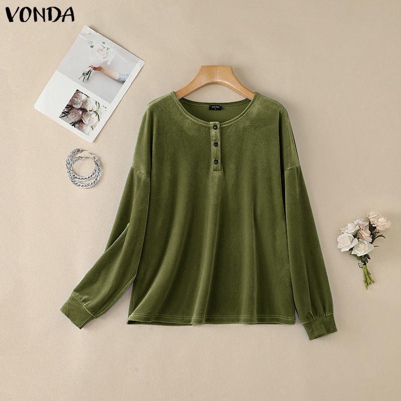 VONDA Autumn Women Casual Long Sleeve Loose Fit Velvet Henley Blouse Pullover Tops