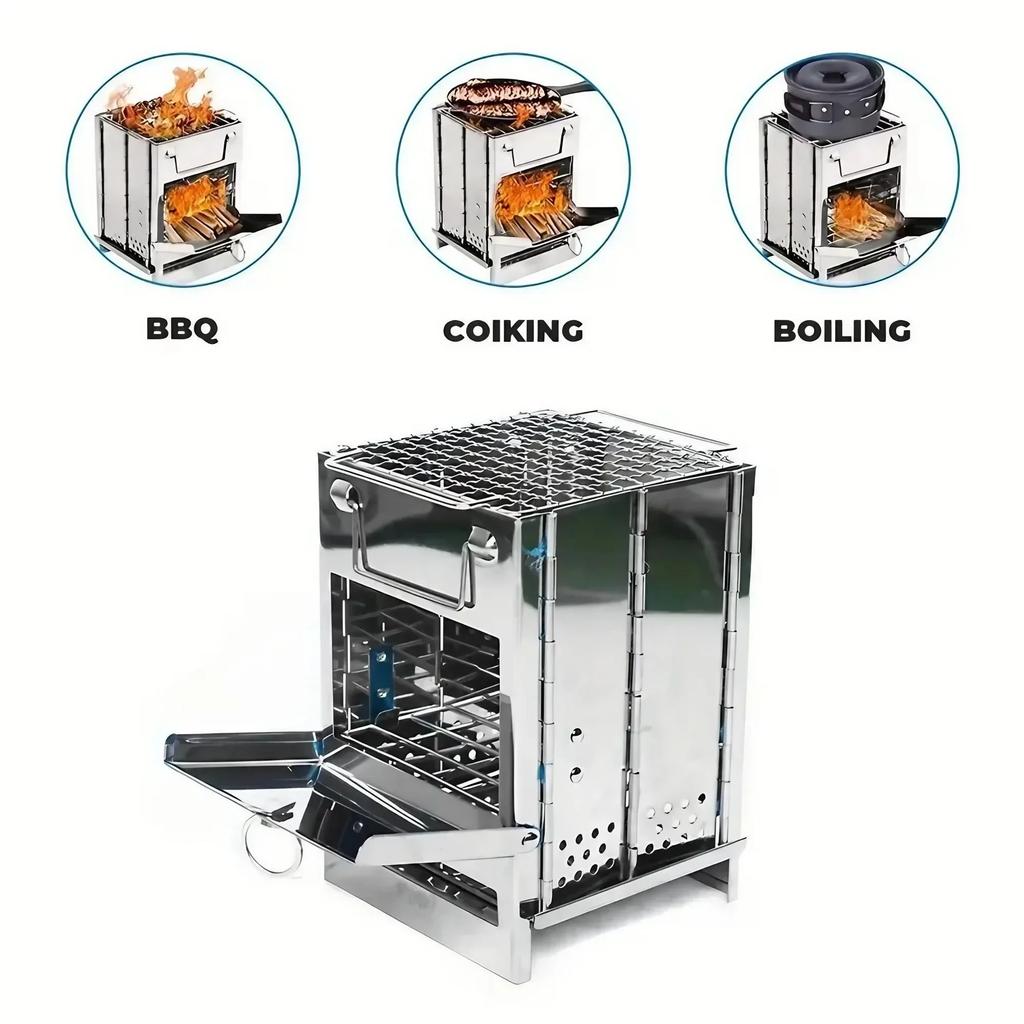 Portable Folding Stainless Steel Charcoal Stove Lightweight Wood Burning Camp BBQ Grill For Outdoor Cooking