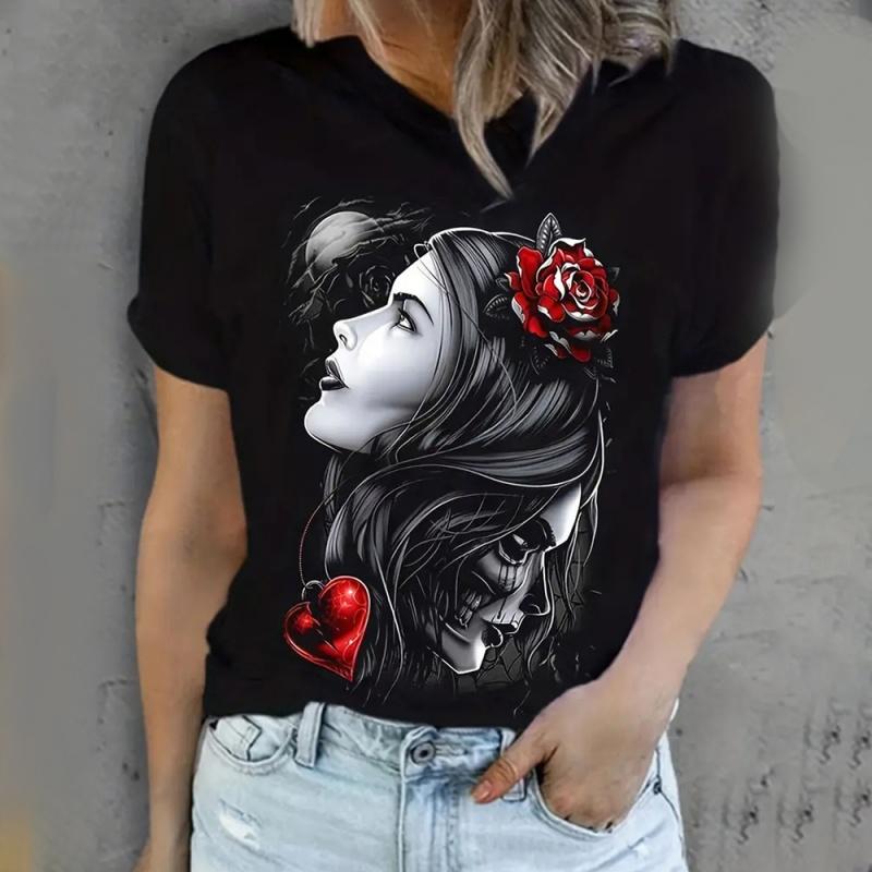 Skeleton Flower Pattern T-Shirt Women 3D Printed Short Sleeves Summer Loose O-Neck Casual Comfortable Fashionable T-shirt