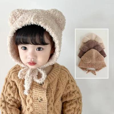 Niedliche Bär Baby Plüschmütze Winter Warm Ohrenschutz Beanie Mütze für Säugling Junge Mädchen Einfarbig Cartoon Kinder Ohrenschützer Mützen Mütze
