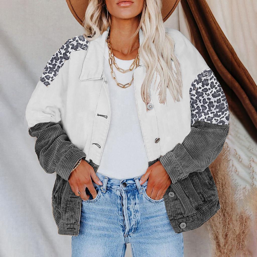 Fashion Women's Loose Lapels Long Sleeves Leopard Print Corduroy Patchwork Shirt Button Tops