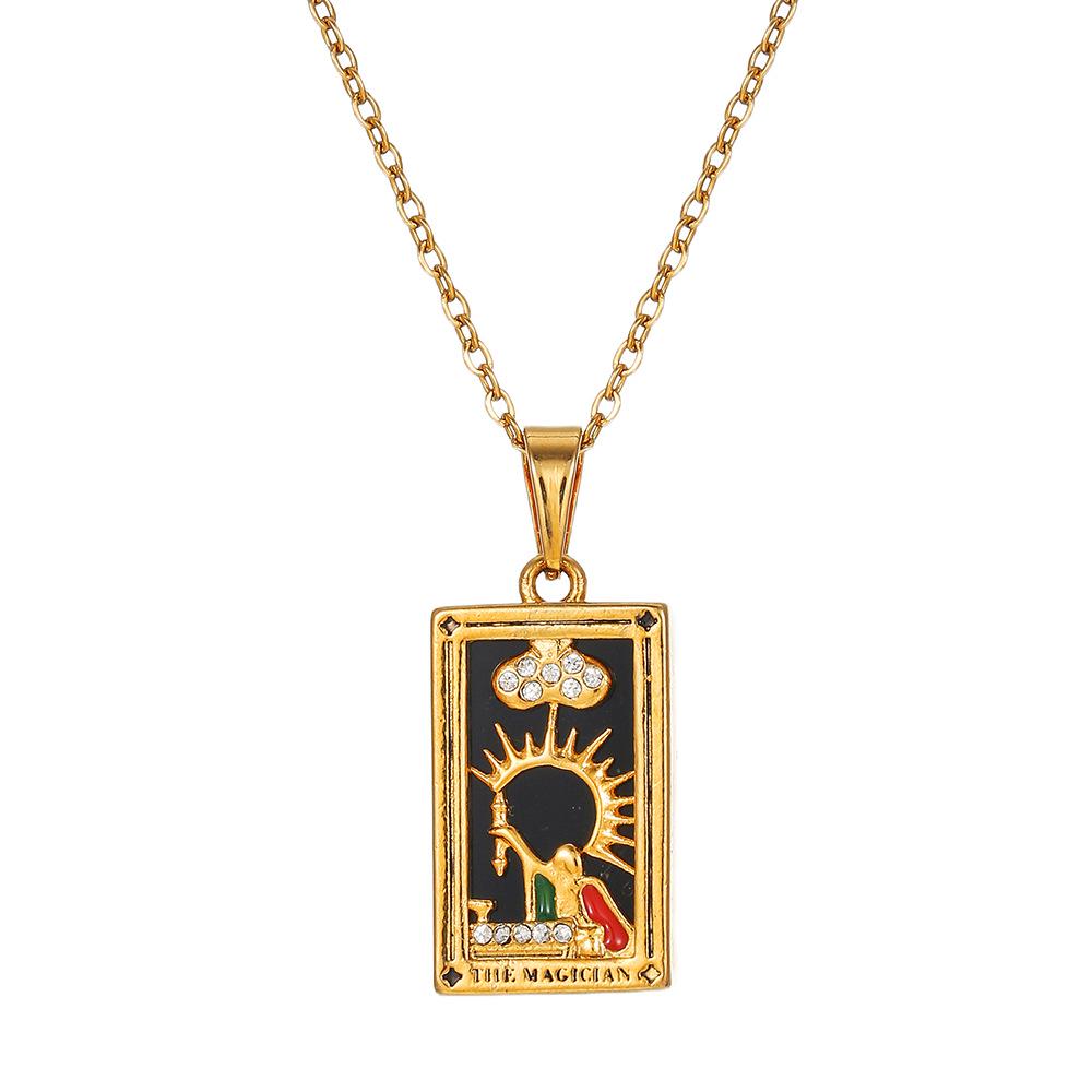 Retro Stainless Steel Zircon Tarot Card Pendant Necklace for Women