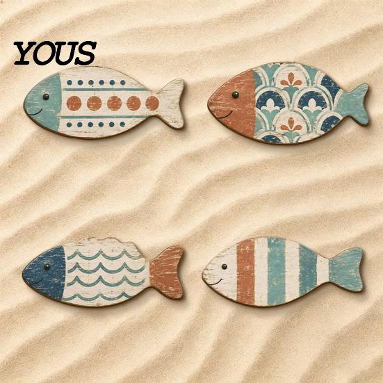 Rustic Beach House Ornaments 4PCS Wooden Fish Wall Decor, Mediterranean Style Hanging Plaques, Blue Decorative Set And Brown Finish Nautical