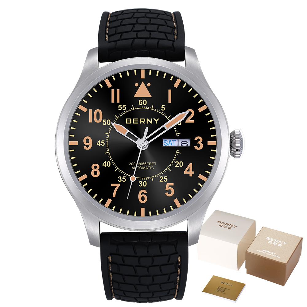 BERNY Automatic Aviation Men's Watch 100% Original Top Sapphire Luminous Big Size Diver Watch 200M Top Mechanical Watch for Men