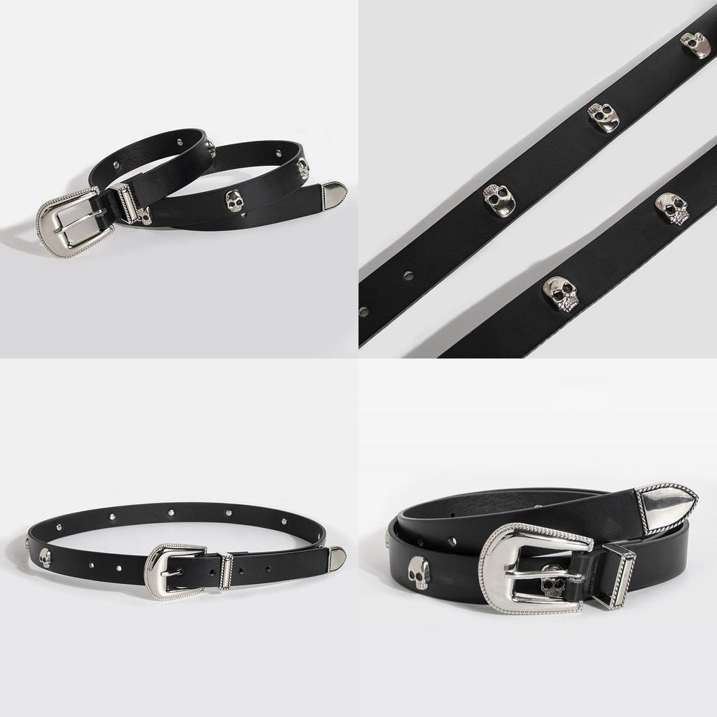 Y2k Womens Punk Leather Belt With Skull Decor And Metal Buckle For Casual Wear